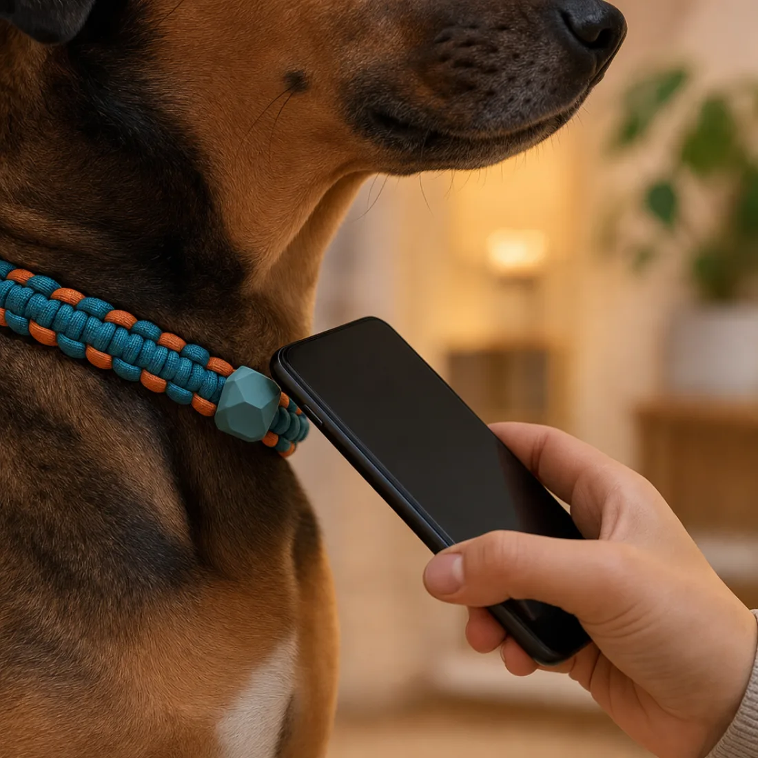 首輪のタグにスマホをかざす様子